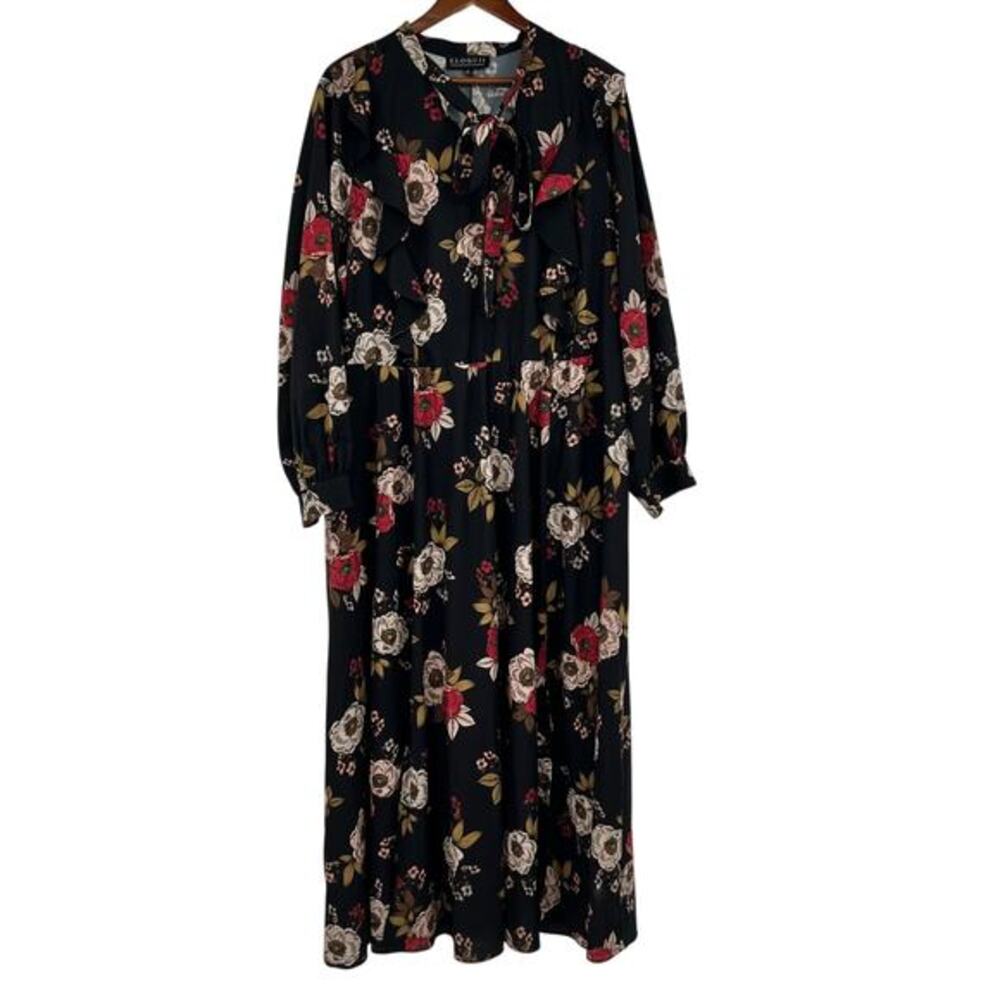 Eloquii Black Floral Print Pleated Boho Long Sleeve Maxi Dress Woman's Size 22